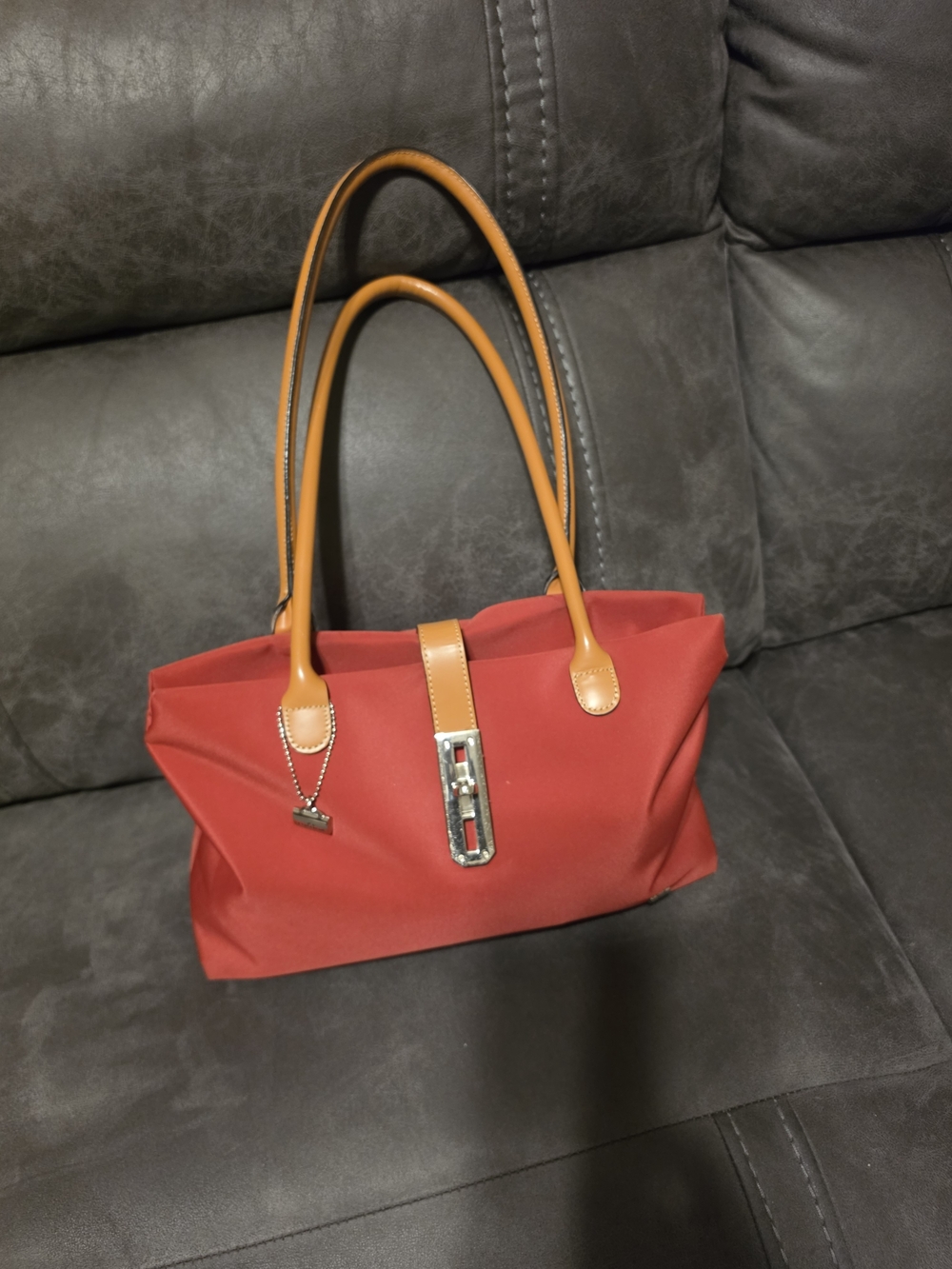 La Bagarie-Red Tote Bag with Tan Handles - Designer Style